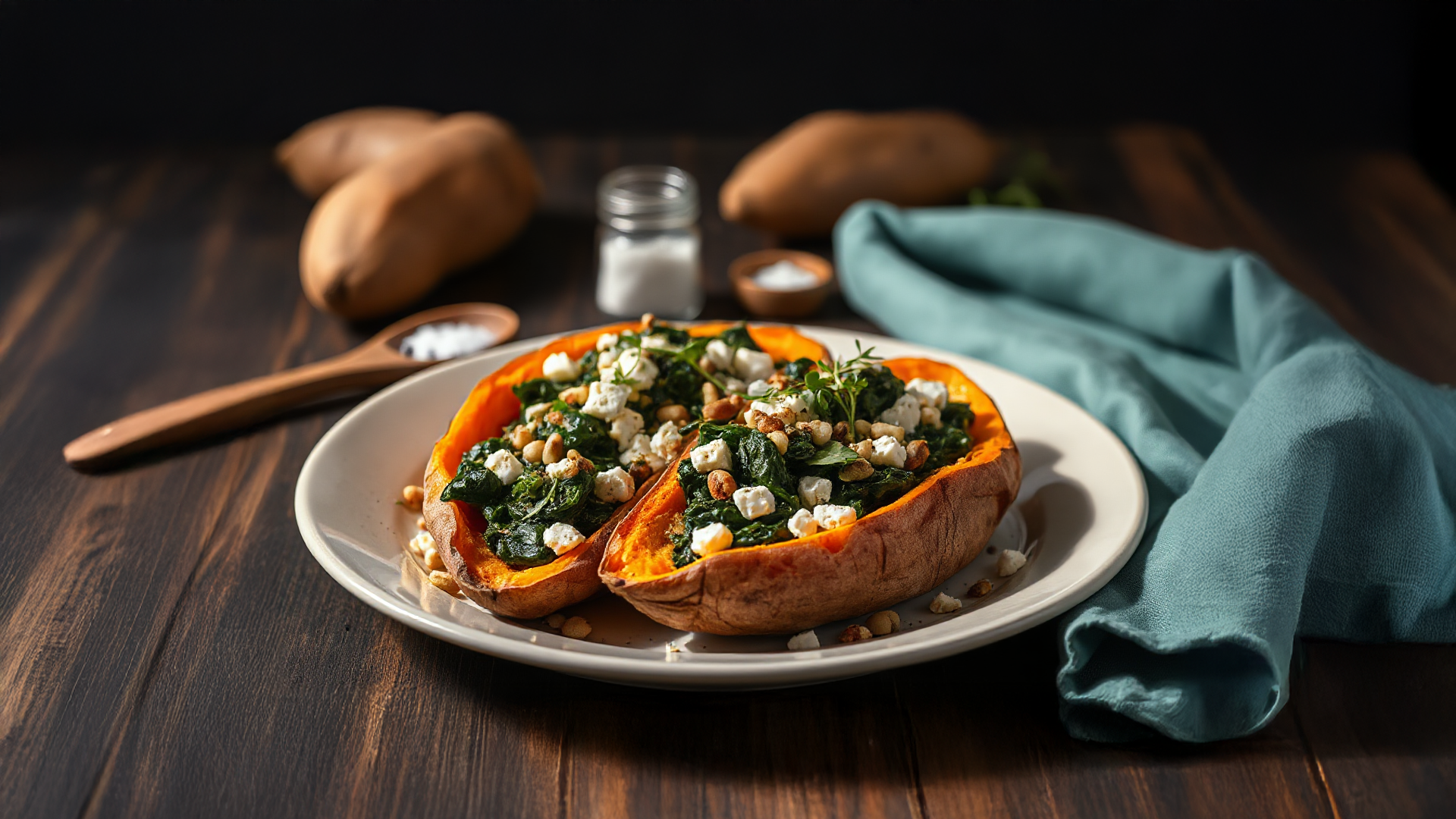 Gebackene Süßkartoffeln mit mediterraner Feta-Spinat-Füllung
