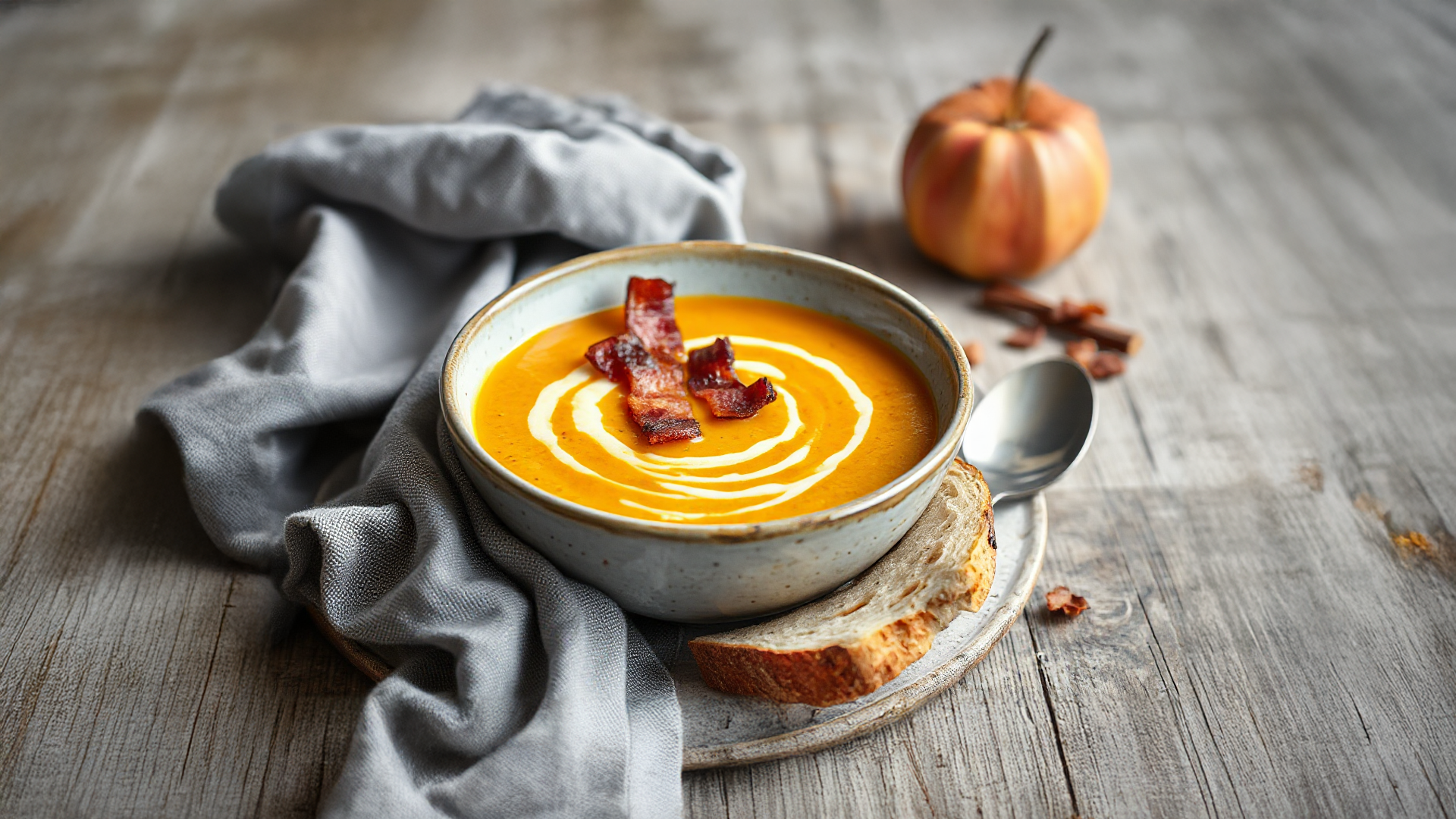 Geröstete Kürbissuppe mit Apfel und Speck
