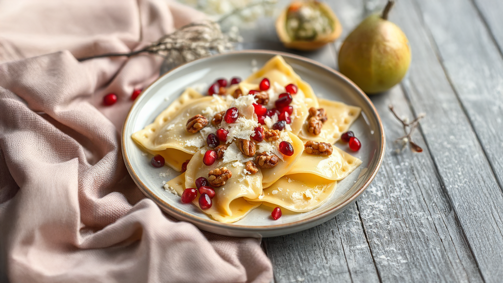 Herbstliche Ravioli mit Gorgonzola, Birne und Walnuss