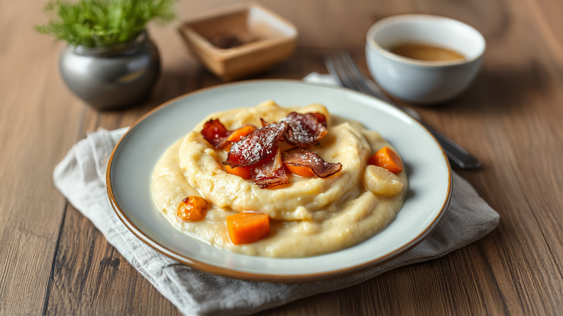 Herzhaftes Steckrübenmus mit Speck und Röstzwiebeln