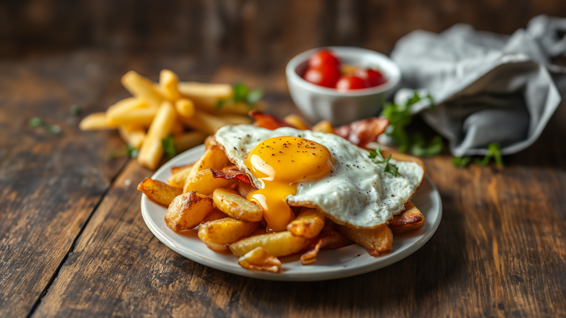Knusprige Bratkartoffeln mit Spiegelei und Speck