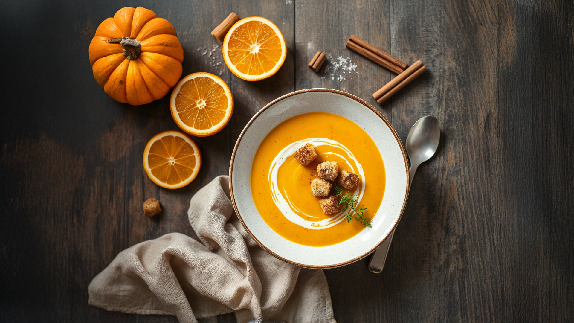 Kürbis-Orangen-Suppe mit Zimt-Croûtons
