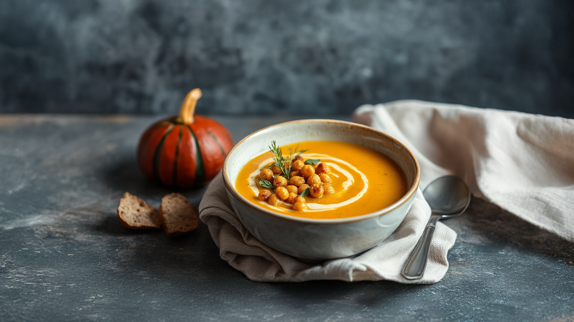 Kürbissuppe mit gebackenen Kichererbsen