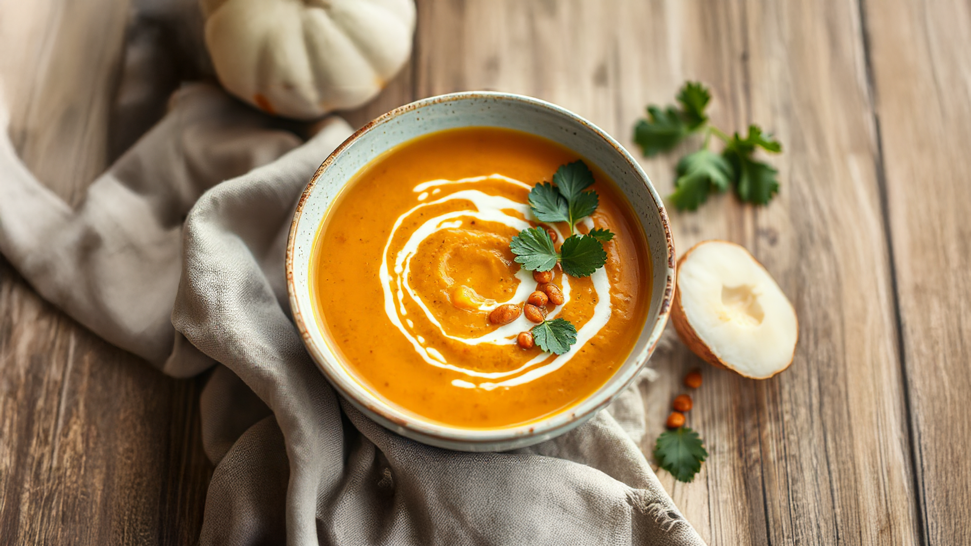 Kürbissuppe mit Kokosmilch und roten Linsen