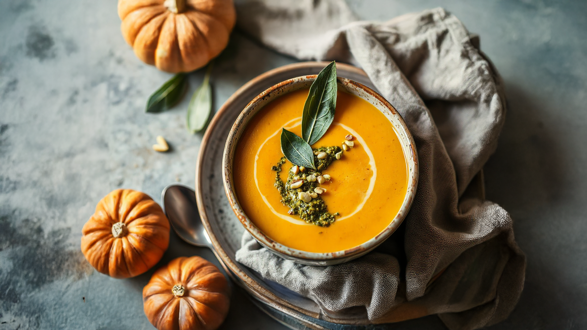 Kürbissuppe mit Salbei-Pistazien-Pesto und knusprigen Kürbiskernen