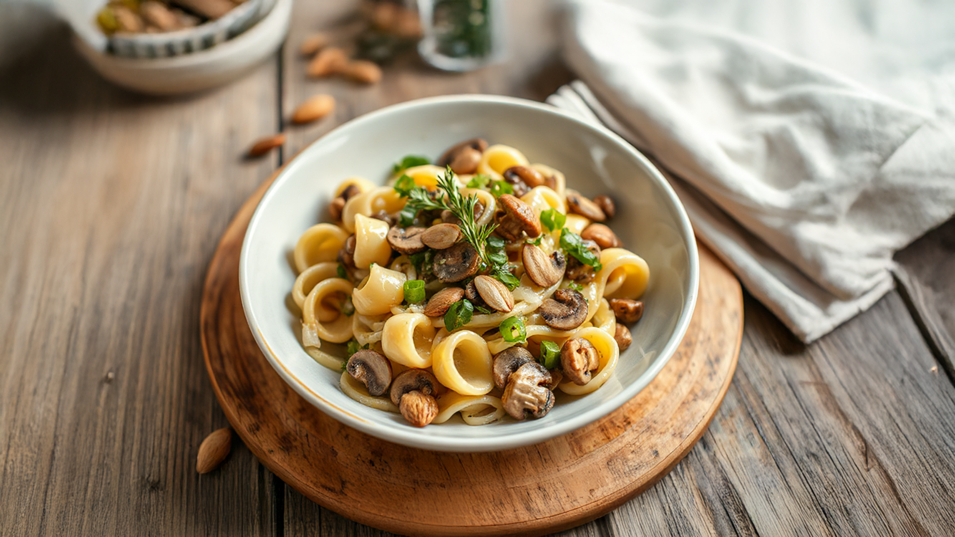 Orecchiette mit cremigem Lauch-Pilz-Topping und knusprigen Mandeln