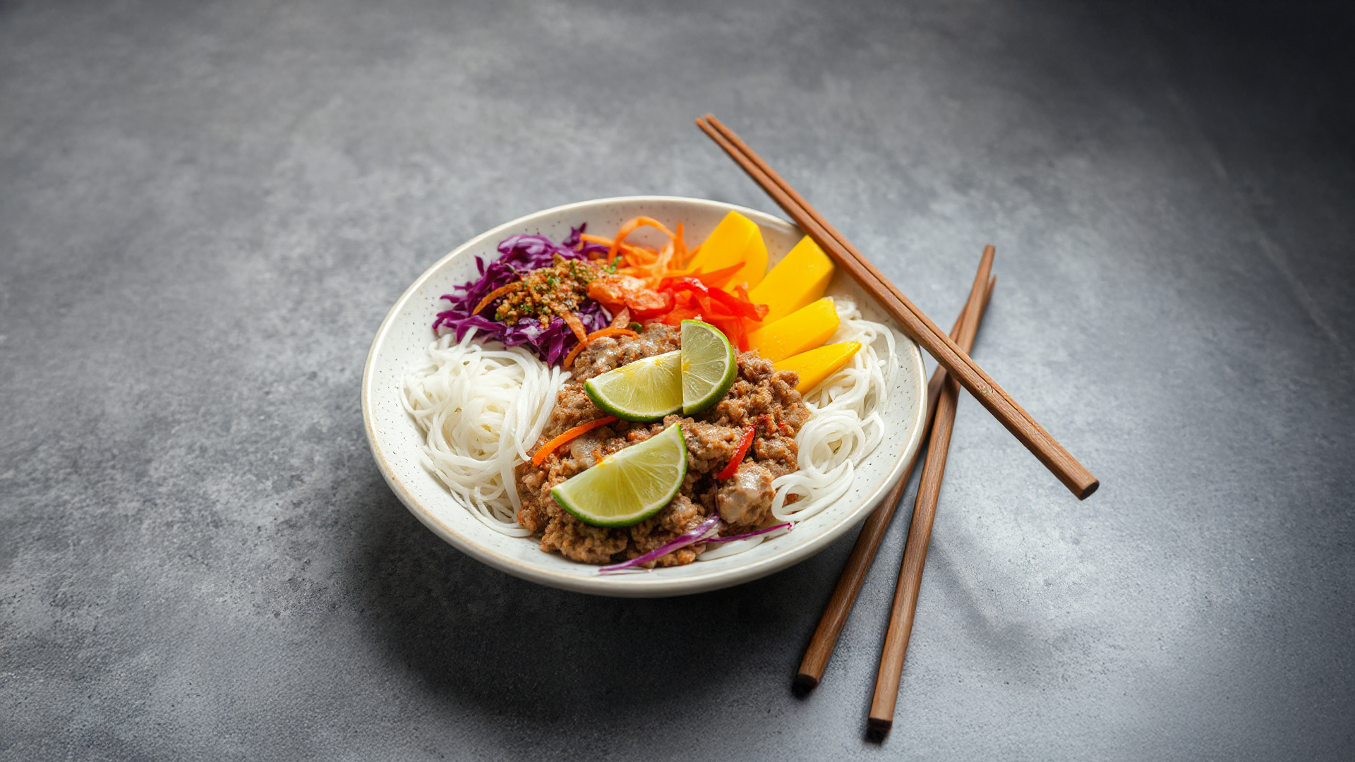 Reisnudelsalat mit Hackfleisch und Mango