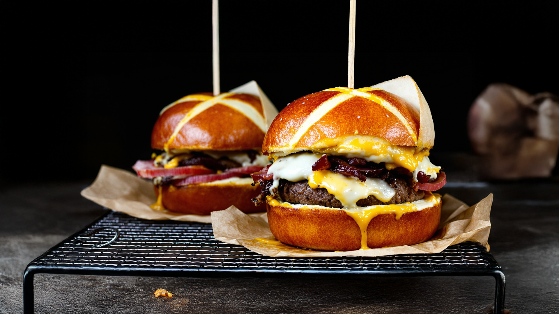 Salami Pizza-Burger mit Laugenbrötchen