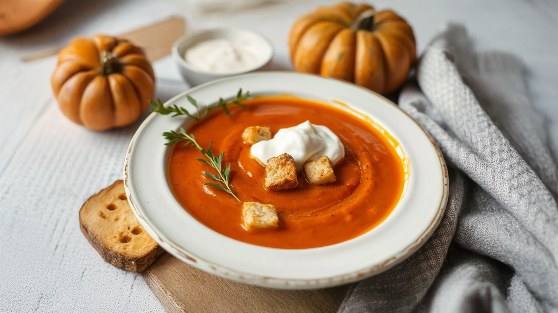 Tomaten-Kürbissuppe mit knusprigen Ahornsirup-Croûtons