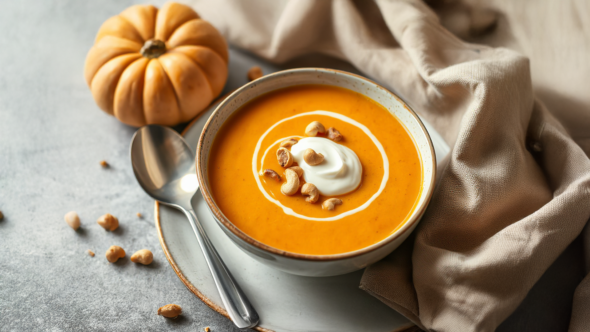 Vegane Kürbis-Karotten-Suppe mit Cashew-Creme und gerösteten Kürbiskernen