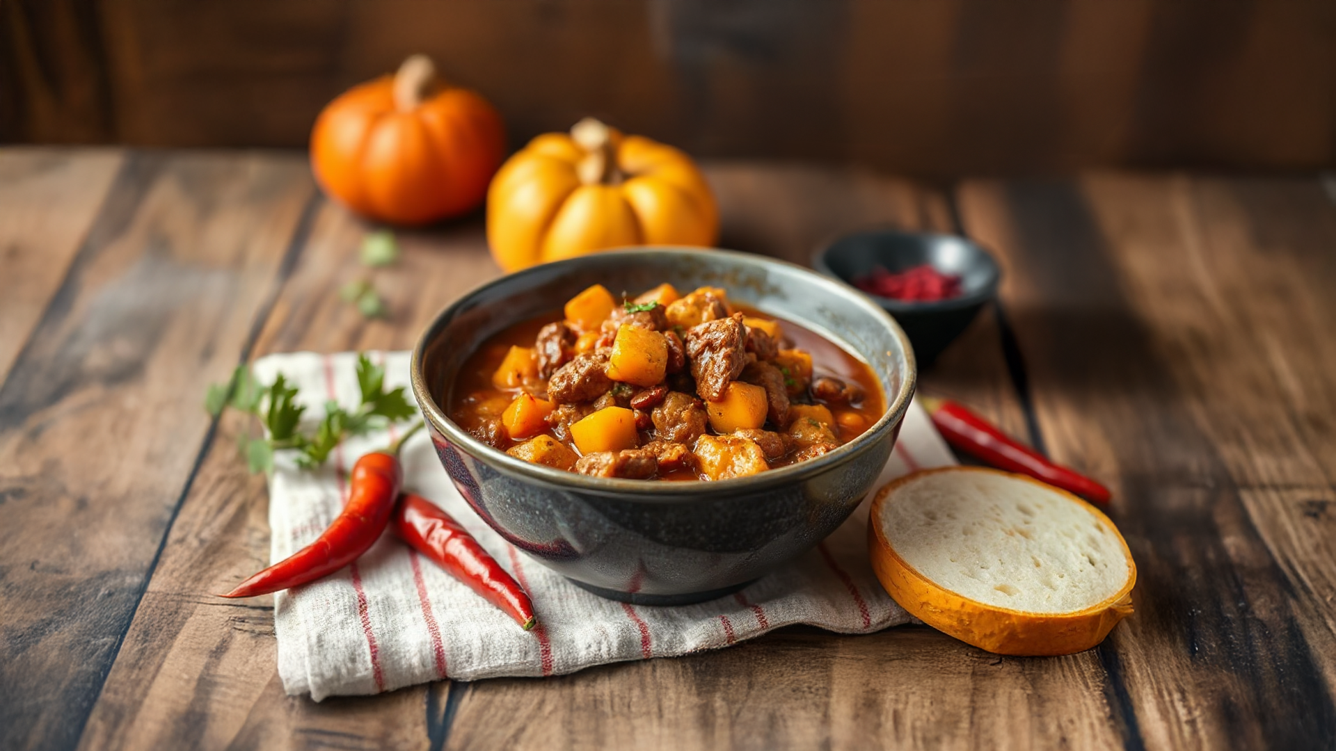Würziges Kürbis-Chili mit Rind und Chilischoten